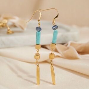 Vintage Gold Tone Blue Turquoise Beads Dangle Earrings Cocktail Fashion